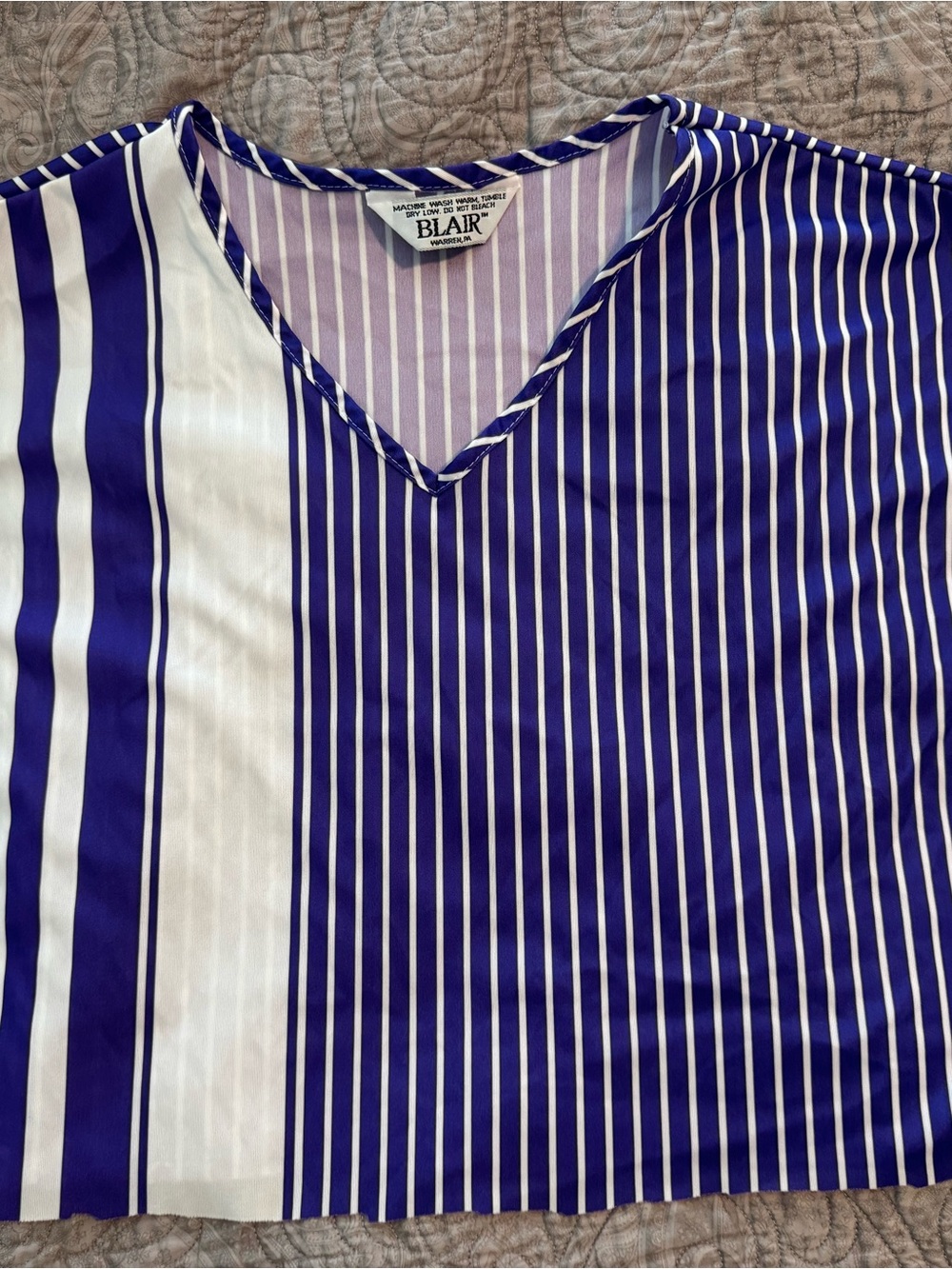 Vtg 80s Blair Warren PA Blue White Stripe Boxy Batwing V-Neck Blouse Top